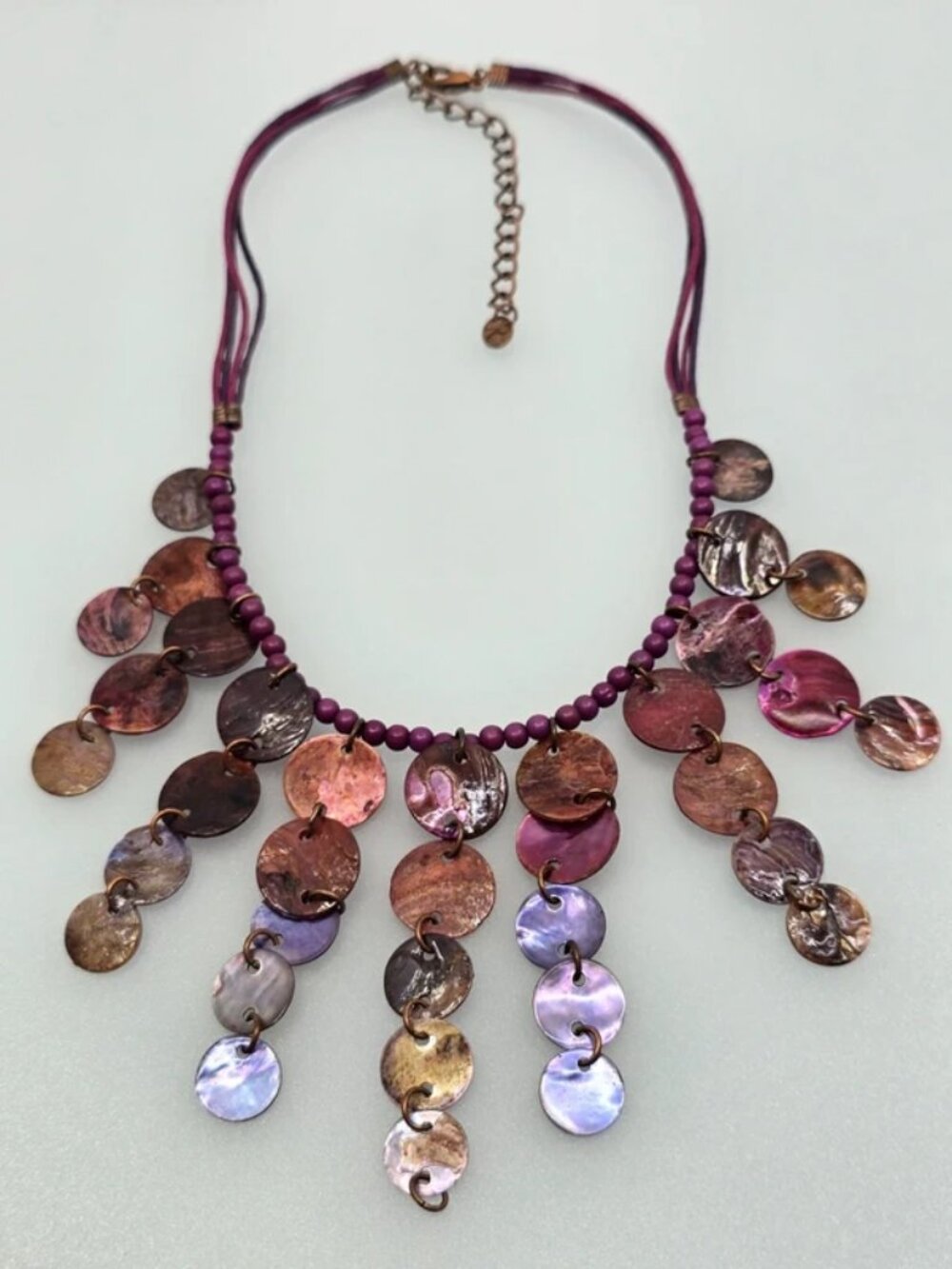 Vintage Carolyn Pollack Relios Mother of Pearl Shell Disc Fringe Necklace Stampd